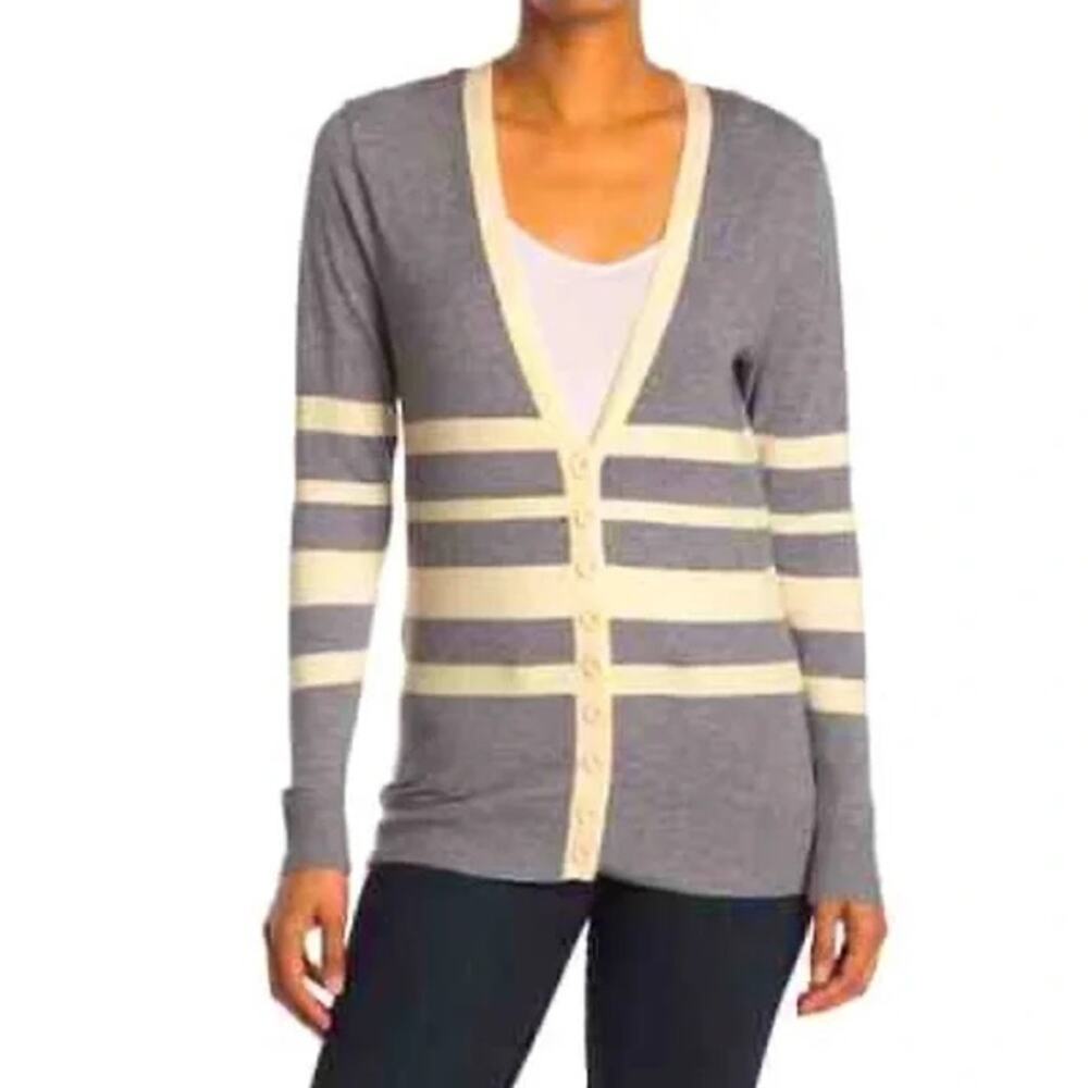 Cotton Emporium Womens Cardigan Sweater Medium Grey/Cream Stripe NEW Lightweight